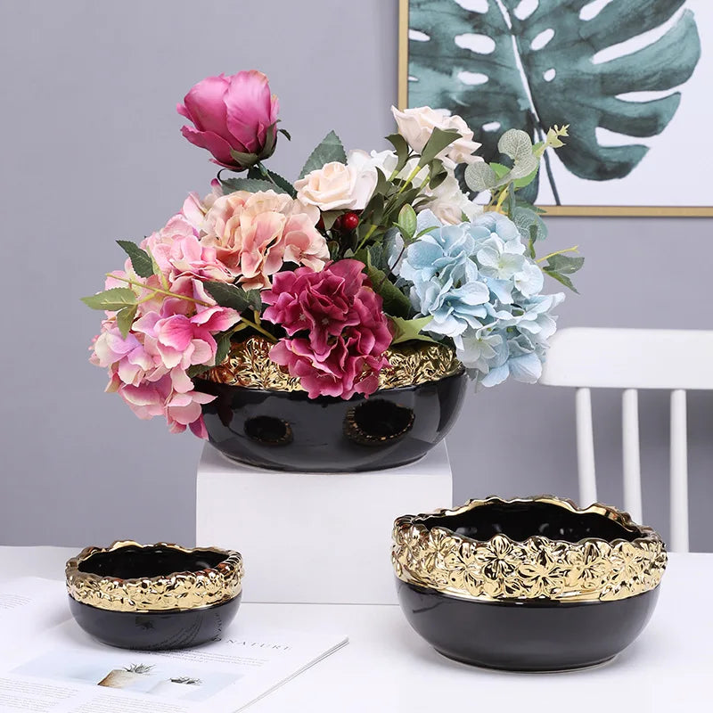 DecorBites™ مزهرية حوض زرع نباتات عصارية بحواف ذهبية - حوض زرع داخلي من السيراميك