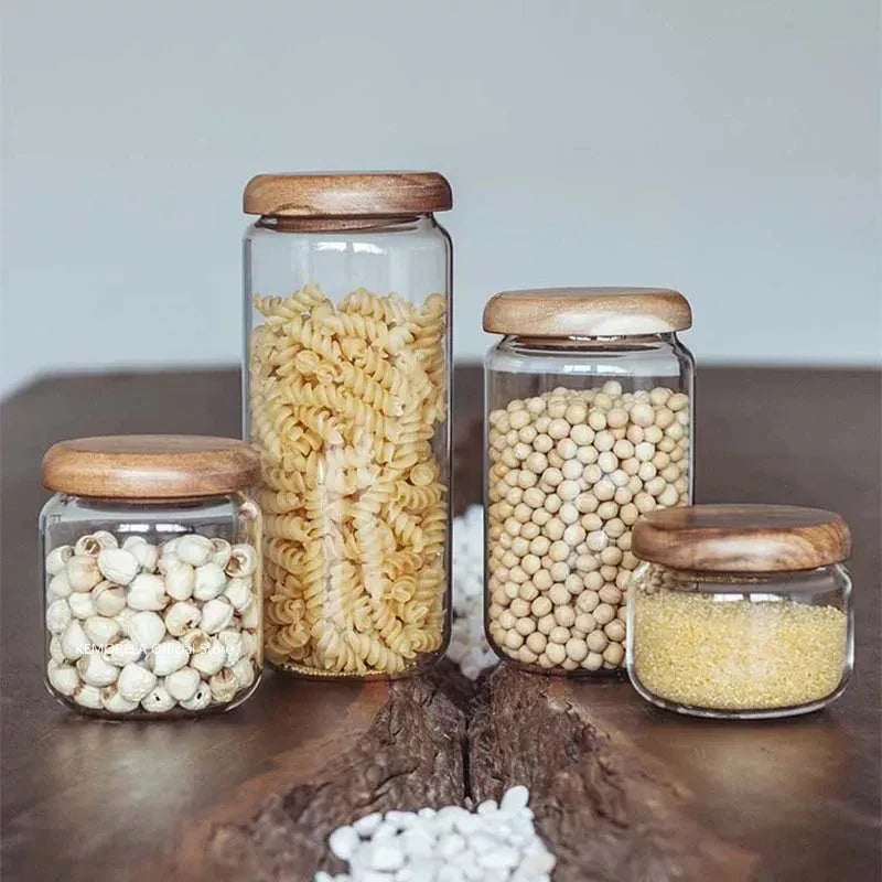 DecorBites™ Acacia Wood Lid Glass Food Storage Container - Elegant and Functional Kitchen Jar