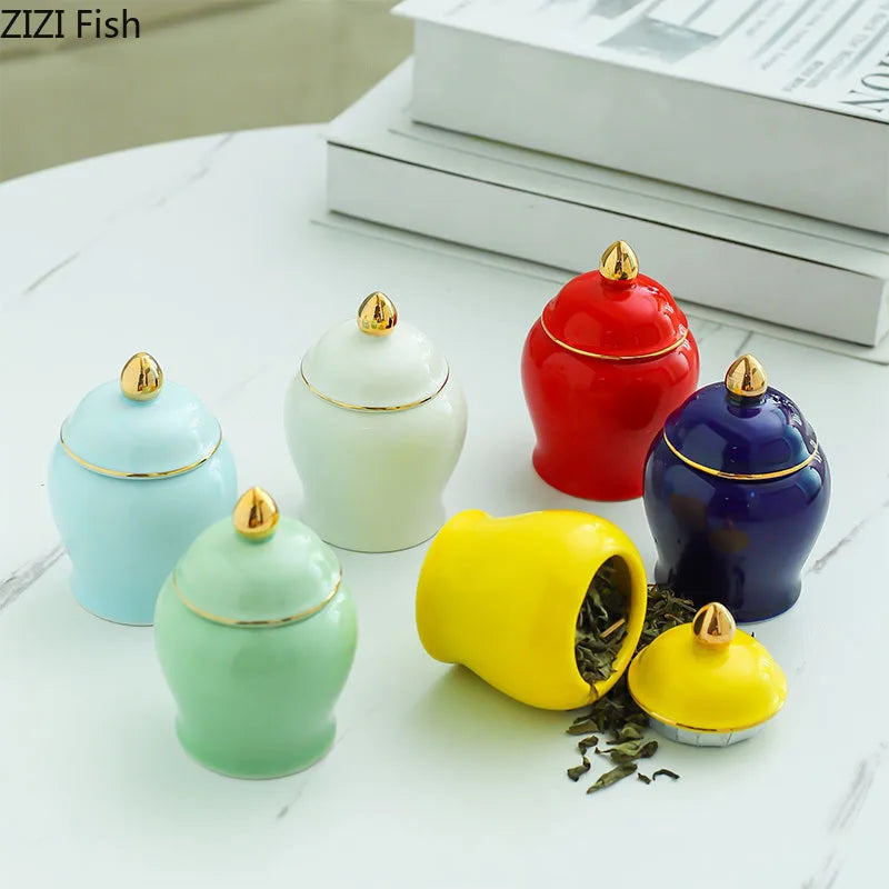 DecorBites™ Gold Tea Canister Ceramic Storage Jar with Lid for Desk Decoration
