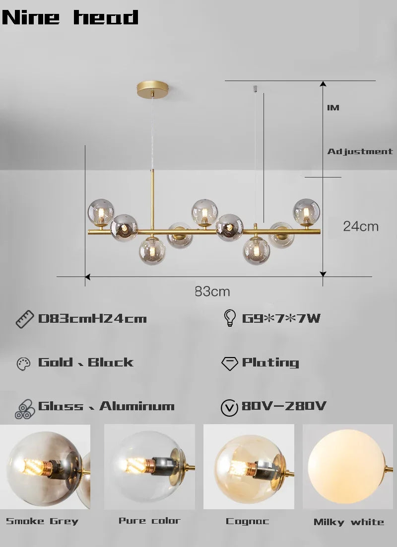 مصباح قلادة LED زجاجي ذهبي من DecorBites™ بـ 11 رأسًا لغرفة المطبخ والطعام