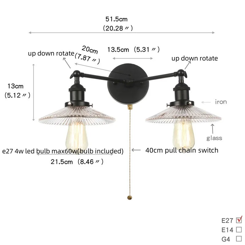 DecorBites™ Industrial LED Wall Light Fixture with Pull Chain Switch, 2 Heads Bedside Lamp