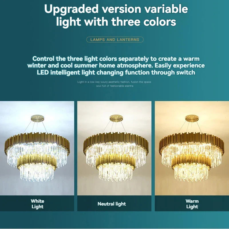 DecorBites™ Crystal Gold Chandelier LED Ceiling Pendant for Living Room Bedroom Kitchen Island