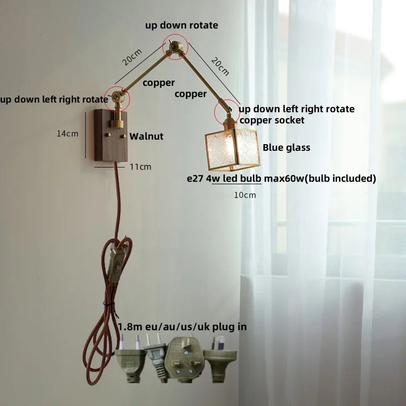 DecorBites™ Ash Wood LED Wall Lights Swing Arms Blue Glass Bedside Lamp