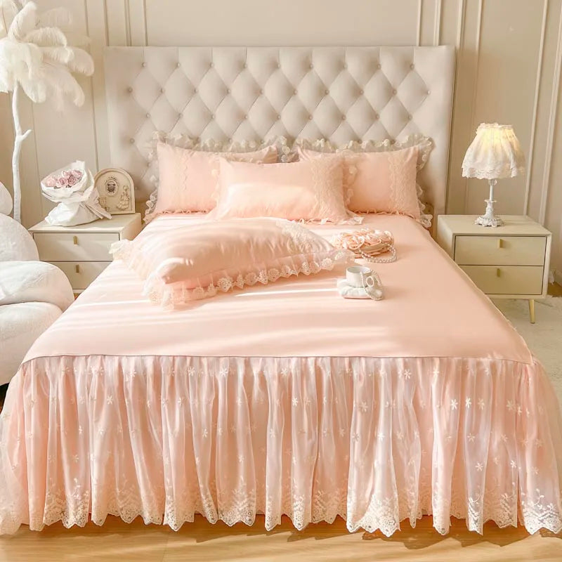 DecorBites™ Cotton Lace Princess Bed Sheet Set with Solid Color Bedspread
