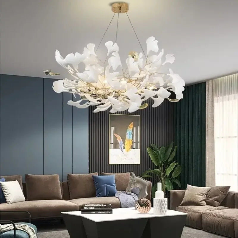 DecorBites™ ثريا سيراميك بتصميم غصن | إضاءة عصرية ذهبية لغرفة المعيشة