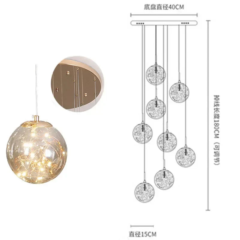 ثريا زجاجية ذهبية بإضاءة LED من DecorBites™: تجهيزات إضاءة للدرج بتصميم كروي دائري بسيط