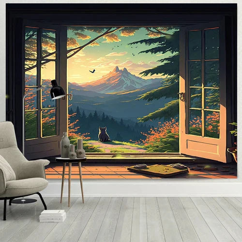 DecorBites™ نسيج حائط بتصميم نافذة أحلام للقطط للمناظر الطبيعية لغرف النوم والمعيشة