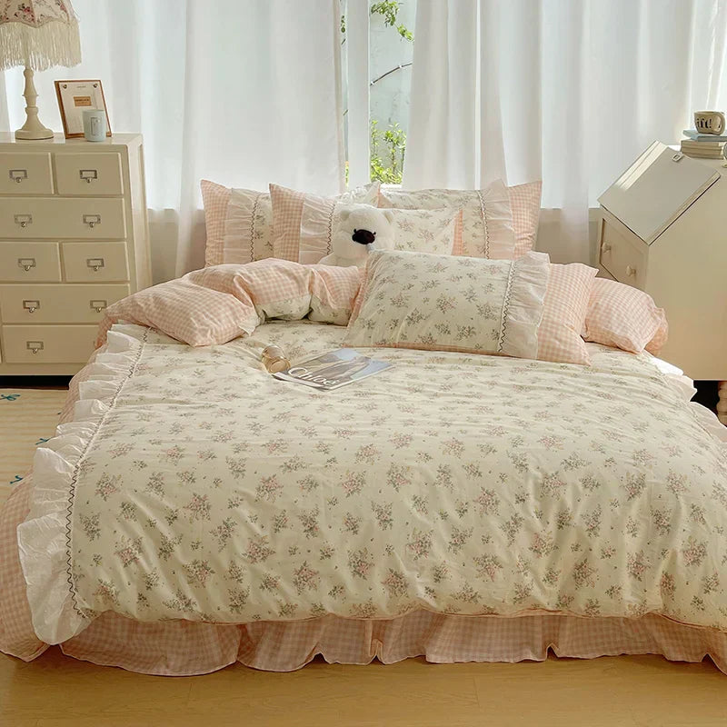 DecorBites™ Cotton Small Florals Princess Bedding Set - Queen Size - Duver Cover Bed Sheet Bed Skirt Pillowcases