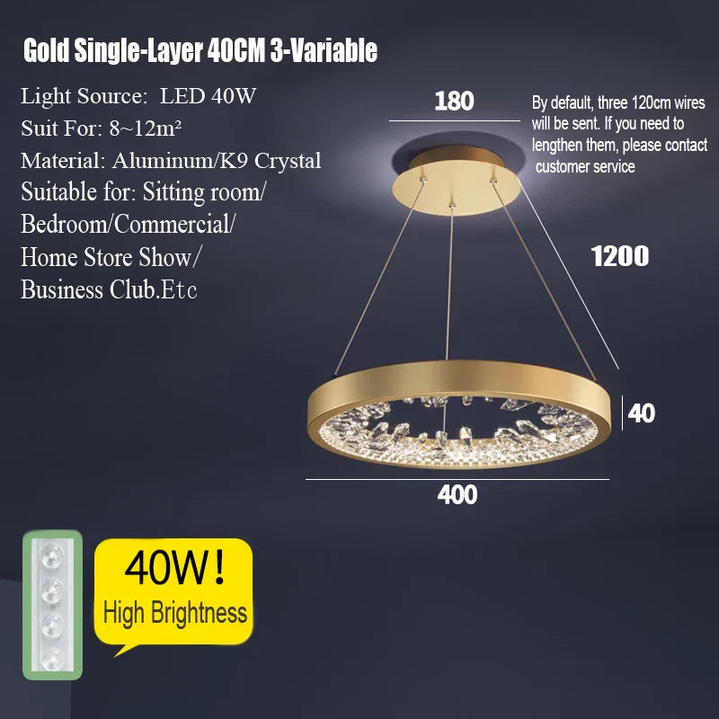 DecorBites™ Crystal Led Chandelier: Modern Luxury K9 Ring Dimmable Circle Hanging Lamp - Bedroom Living Dining Room Lighting