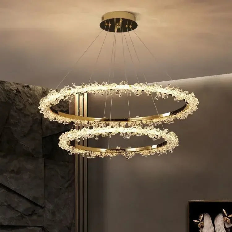 DecorBites™ ثريا كريستال ذهبية مستديرة | ثريا هالو LED فاخرة بنمط نورديك لغرفة المعيشة