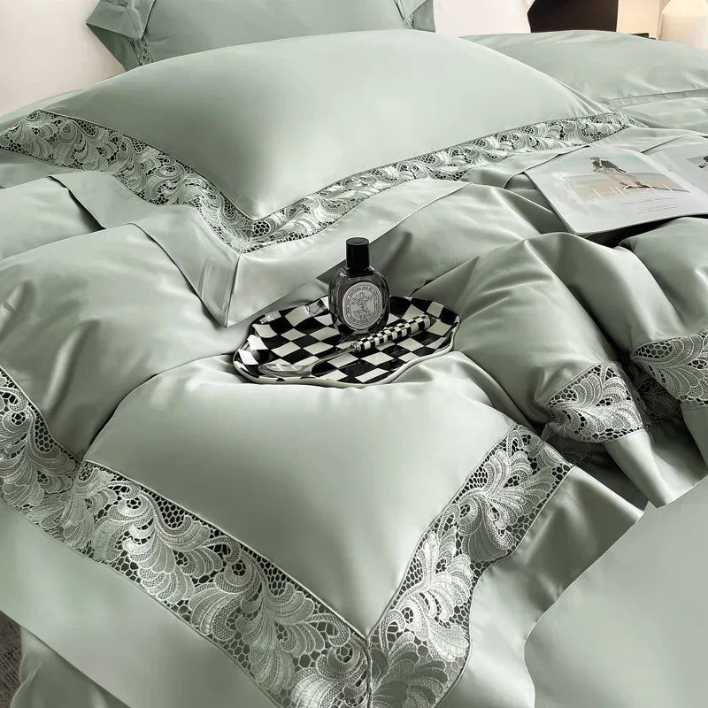 طقم مفروشات من 4 قطع بتصميم واسع مجوف من DecorBites™ مطرز بالدانتيل قطن مصري 1200TC