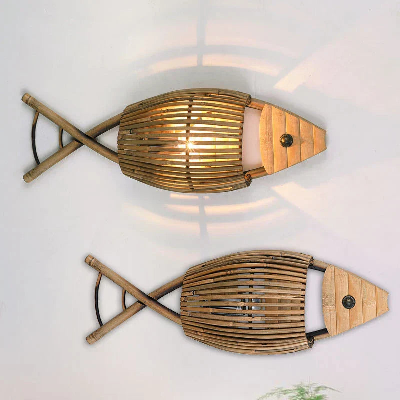 DecorBites™ Bamboo Fish Wall Lamp: Retro Cafe Bar Teahouse Decor, Living Room Farm Hotel Light