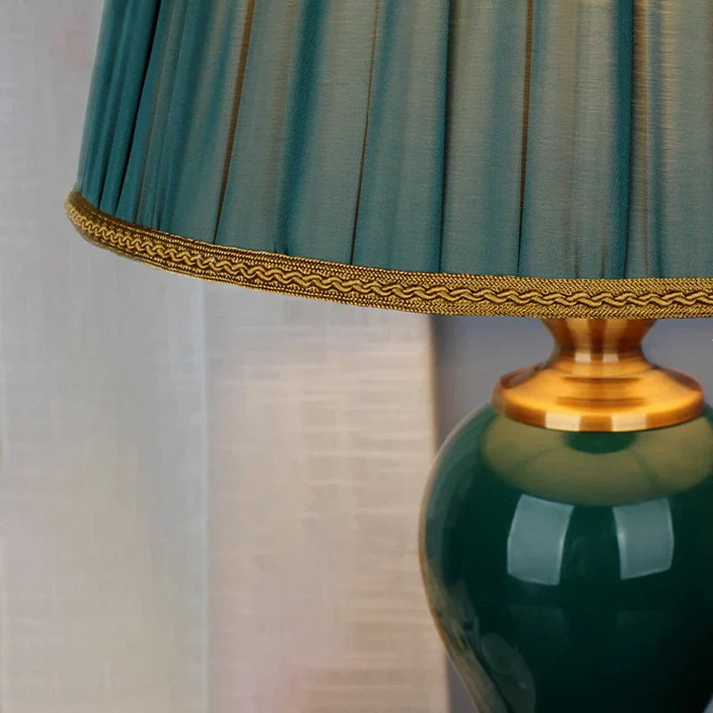 DecorBites™ Green Ceramic Table Lamp with European Cloth Cover for Modern Living Room and Bedroom