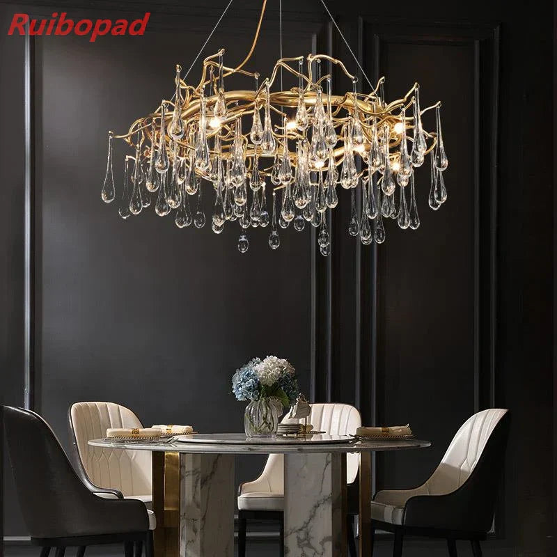 DecorBites™ Elegant Gold Metal Branch Chandelier with Glass Water Drop Crystals
