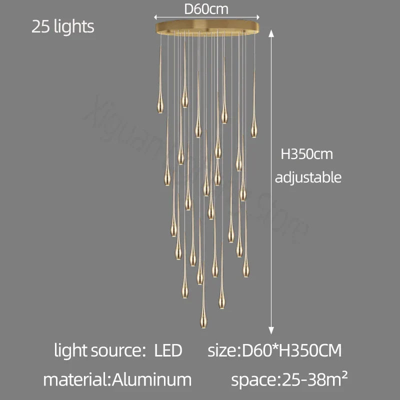 ثريا DecorBites™ الذهبية بإضاءة LED لغرفة المعيشة والسلالم في الفيلا الدوبلكس
