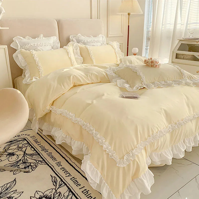 طقم سرير الأميرة الكورية لوليتا من 4 قطع من DecorBites™ من القطن المغسول السادة
