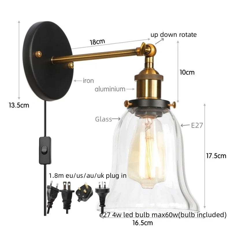 DecorBites™ Loft Clear Glass Rustic LED Wall Light - Industrial Style Iron Wall Lamp