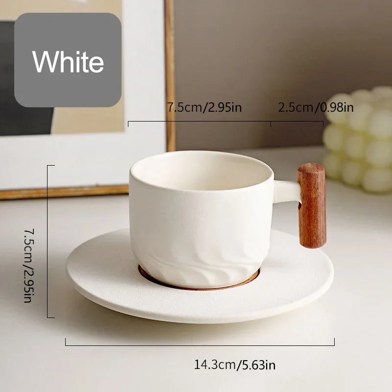 DecorBites™ 130 مل كوب قهوة سيراميك أزرق ريترو مع صحن، ومقبض خشبي