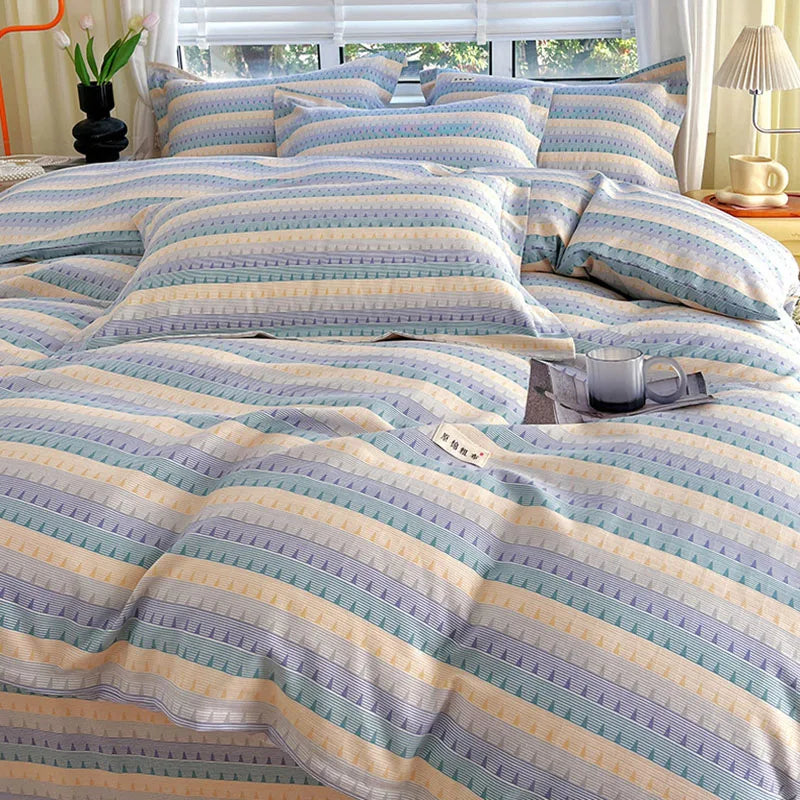 DecorBites™ Cotton Stripe Comforter Cover Set for Single Double Bed - Autumn Winter