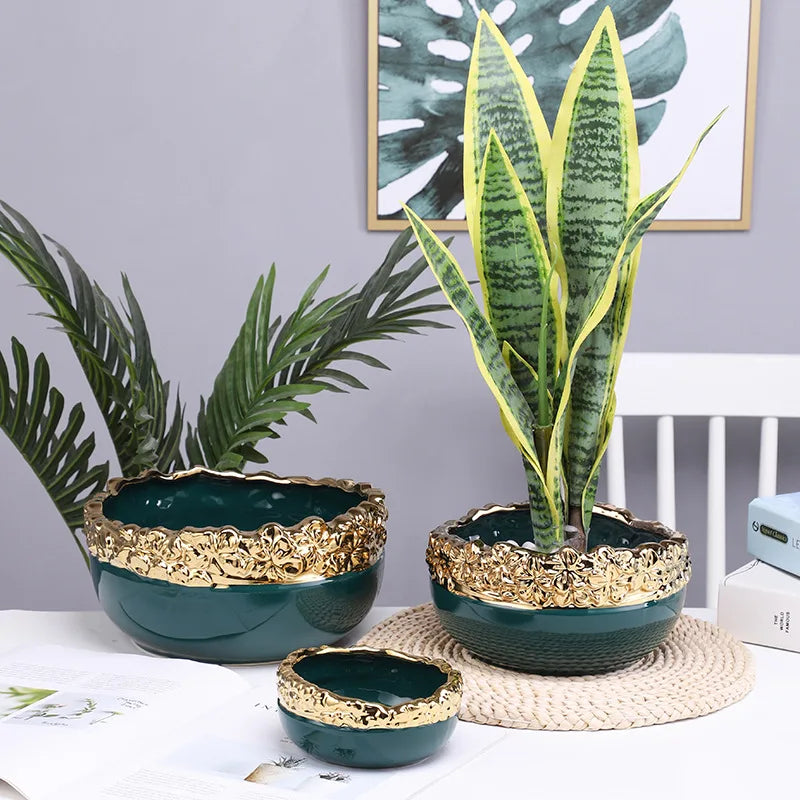DecorBites™ مزهرية حوض زرع نباتات عصارية بحواف ذهبية - حوض زرع داخلي من السيراميك