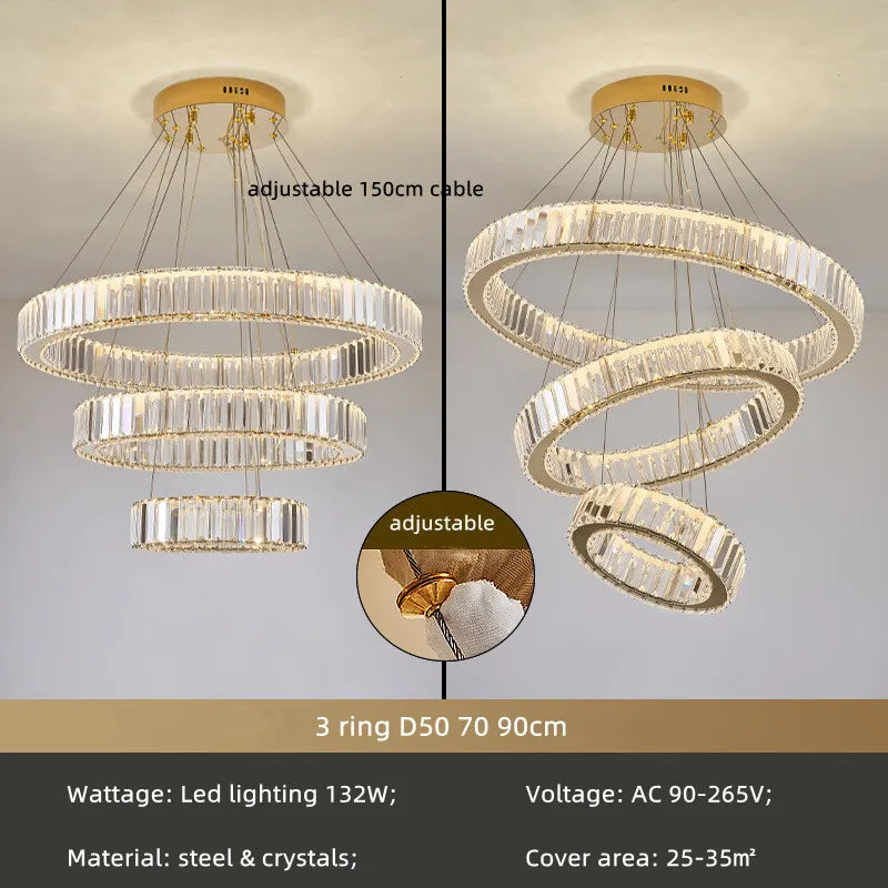 DecorBites™ Crystal Circle LED Chandelier: Dimmable Pendant Lighting for Modern Stairs