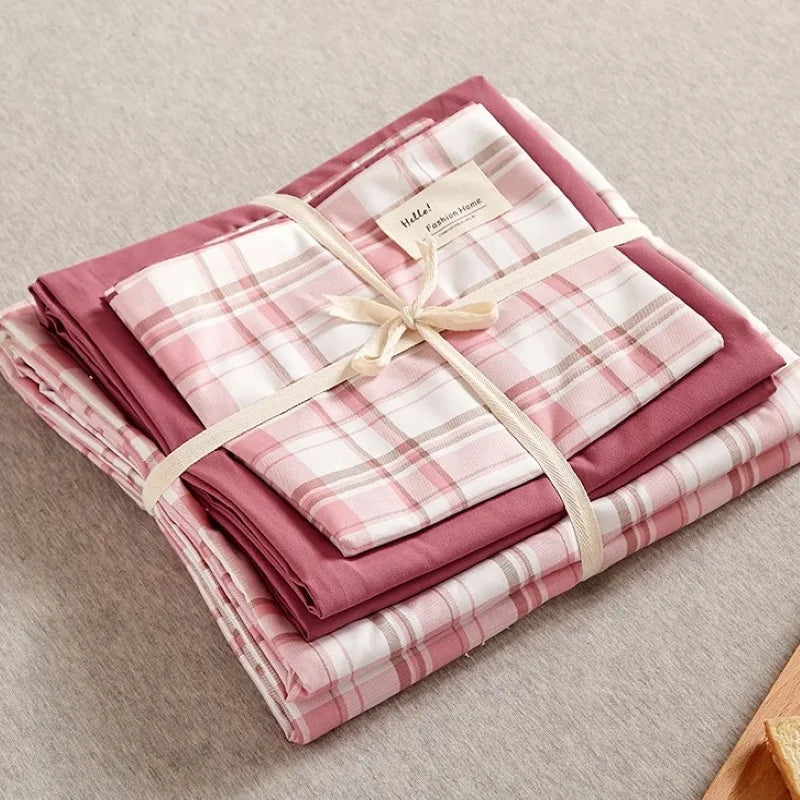 طقم مفروشات سرير قطني بطبعة شبكية يابانية من DecorBites™ مقاس كوين/كينغ لنوم مريح