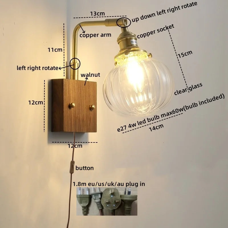 DecorBites™ Clear Glass LED Wall Sconce Walnut Copper Modern Stair Light Fixtures