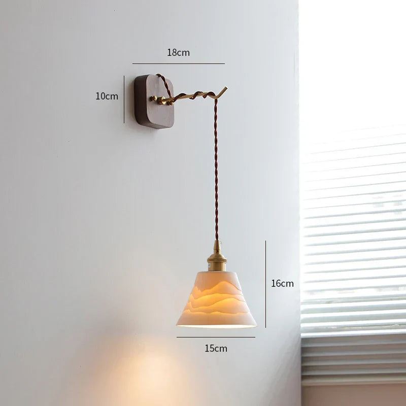 DecorBites™ LED Wall Sconce Modern Japan Style Ceramic Lampshade Wooden Base Light
