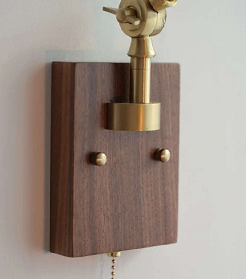 DecorBites™ Ash Wood LED Wall Lights Swing Arms Blue Glass Bedside Lamp
