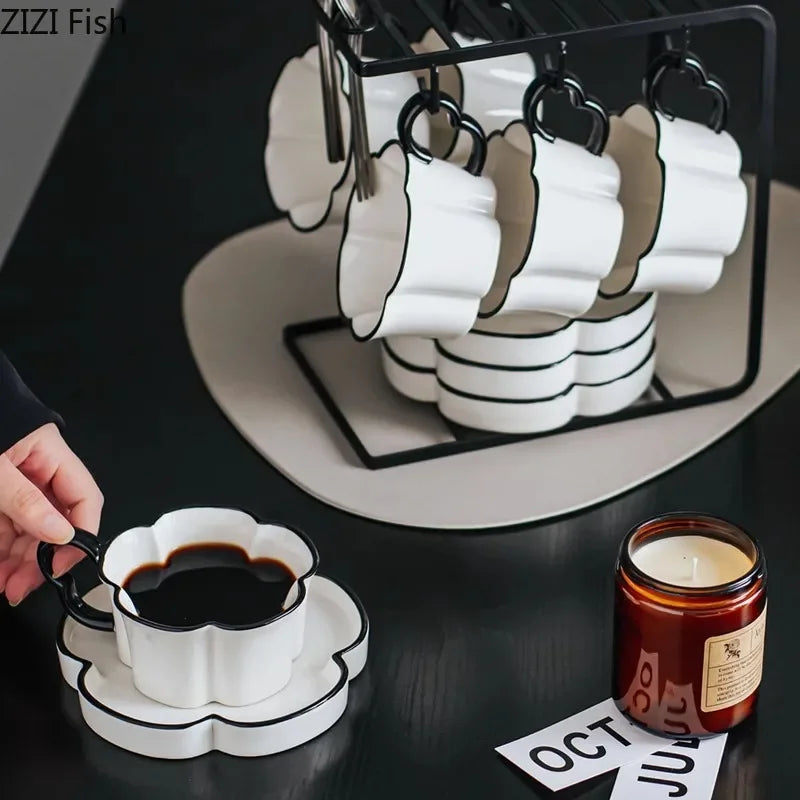 DecorBites™ Black Edged Flower Mug Set - Ceramic Cup & Saucer for Tea, Coffee, and Juice