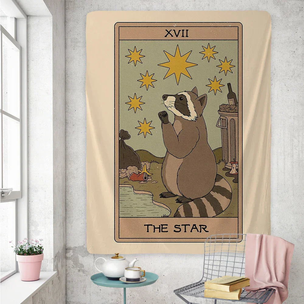 DecorBites™ Cute Raccoon Tarot Card Tapestries: Boho Mystery Art for Hippie Home Decor