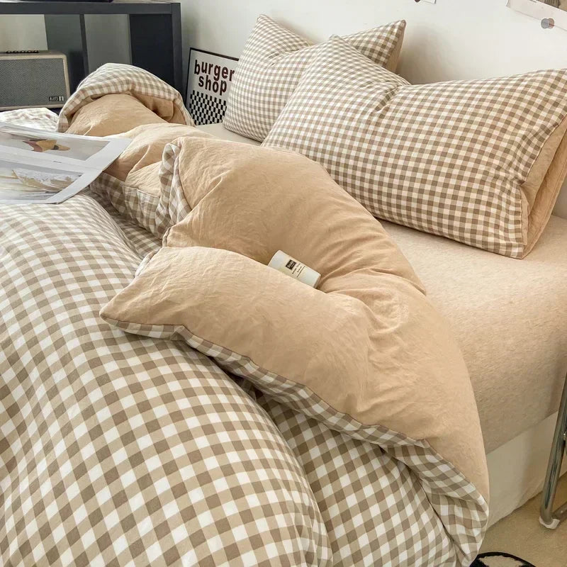 طقم غطاء لحاف بنمط ياباني كاروهات من DecorBites™ - غطاء لحاف ومخدة مغسولان وناعمين