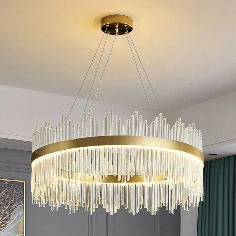 ثريا كريستال دائرية ذهبية DecorBites™ LED: إضاءة منزلية معلقة أنيقة لغرفة المعيشة وغرفة النوم والمطبخ