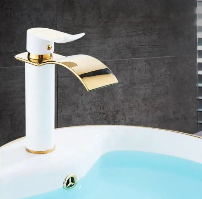 Robinet mitigeur d'évier DecorBites™ cascade doré et blanc pour salle de bain, eau chaude et froide