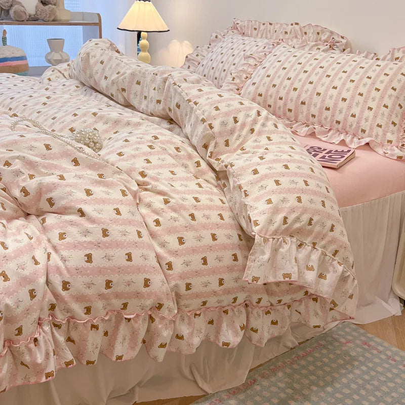 طقم مفروشات أميرة كورية بطبعة زهور من DecorBites™ من القطن المغسول للفتيات