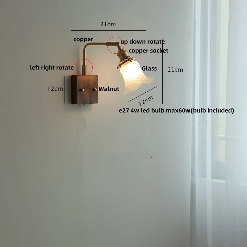 DecorBites™ Glass Pink LED Wall Lights Pull Chain Switch Rotatable Sconce Bedside Lamp