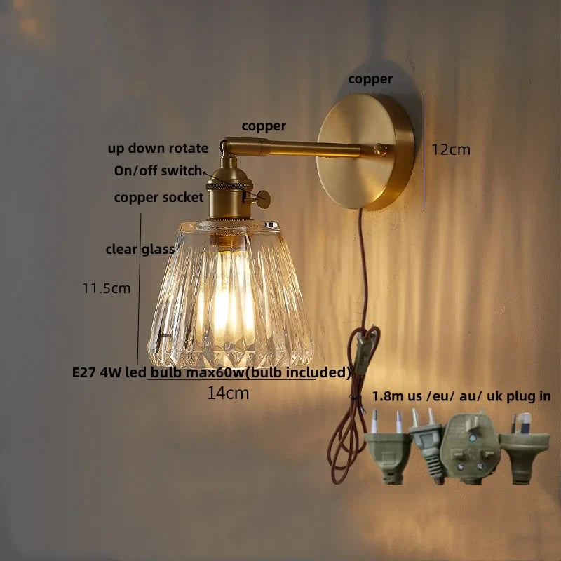 DecorBites™ Clear Glass LED Wall Sconce, Modern Rotating Bedside Lamp with Pull Chain & Copper Socket