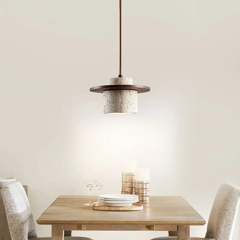 Modern Travertine Stone Pendant Light With Walnut Accent
