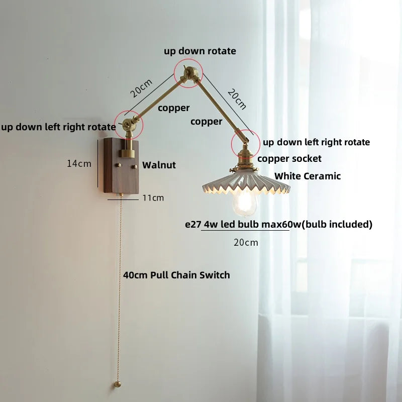 DecorBites™ Ceramic LED Wall Light Rotatable Walnut Bedside Lamp