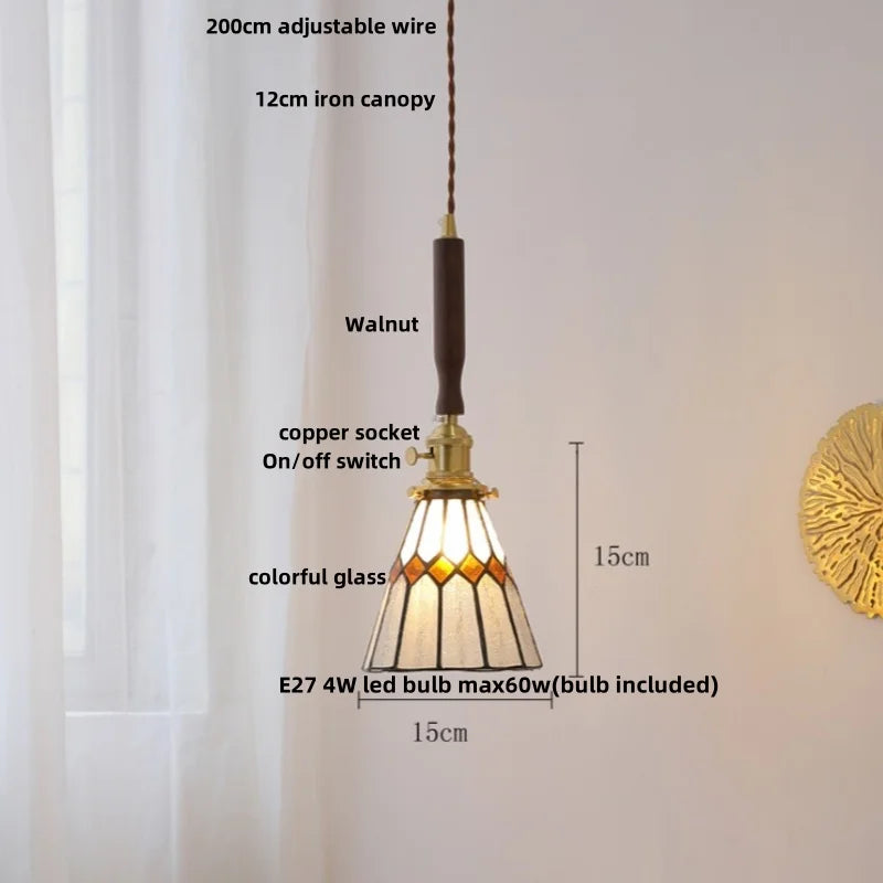 DecorBites™ Amber Glass LED Pendant Light, Nordic Modern Design, Walnut Wood, Dining Living Room Lighting