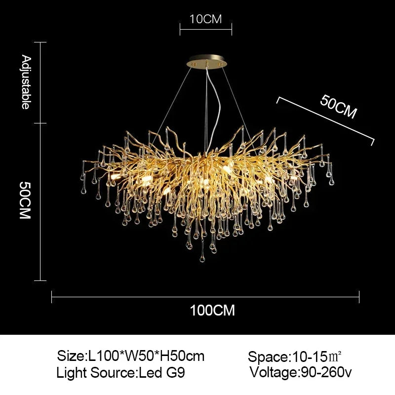 DecorBites™ Branch-shaped Golden Crystal Chandelier for Villa Bedroom and Living Room