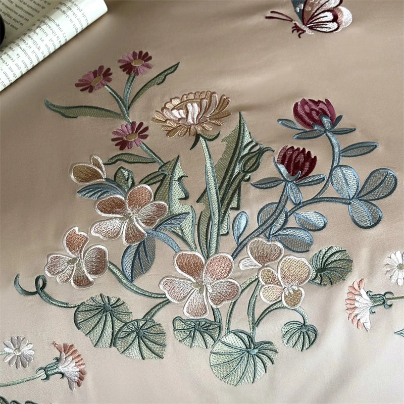 DecorBites™ 1000TC Cotton Butterfly Flowers Embroidery Bedding Set with Duvet Cover, Sheet, Pillowcases