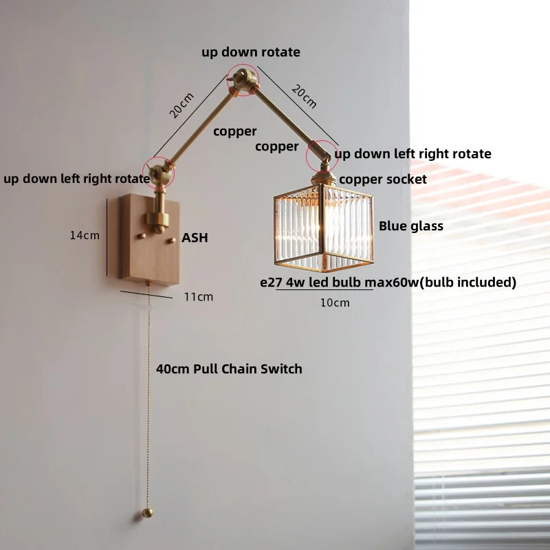 DecorBites™ Ash Wood LED Wall Lights Swing Arms Blue Glass Bedside Lamp
