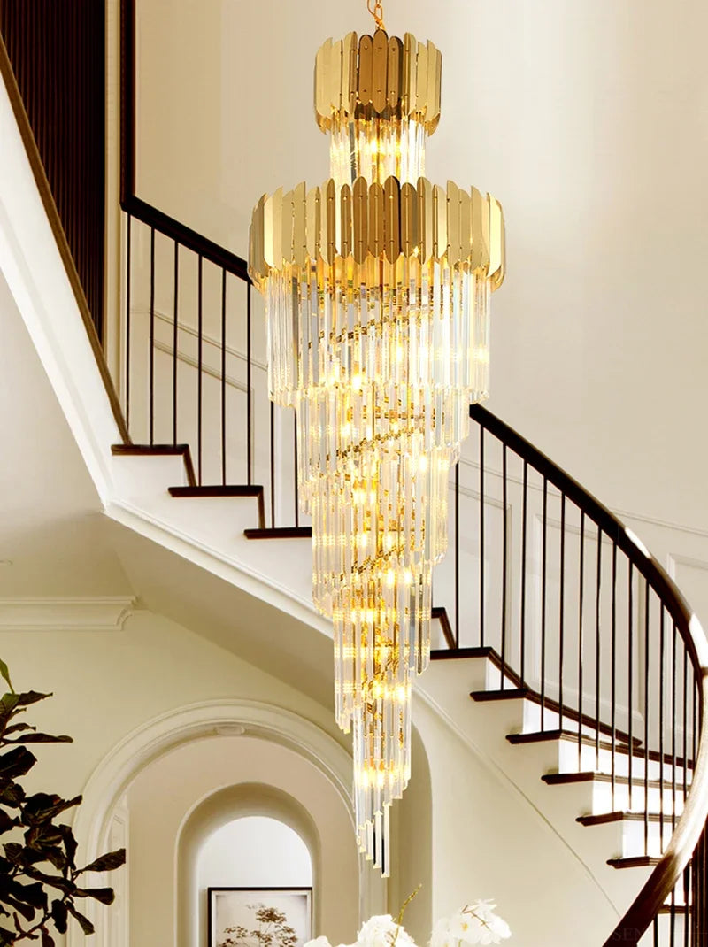 DecorBites™ Golden Luxury Spiral Crystal Chandelier for Multi-Story Staircases