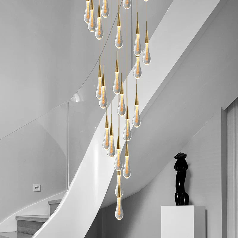 DecorBites™ Crystal Tear Drop Chandelier: Gold LED Pendant Light for Villa Staircase and Living Room