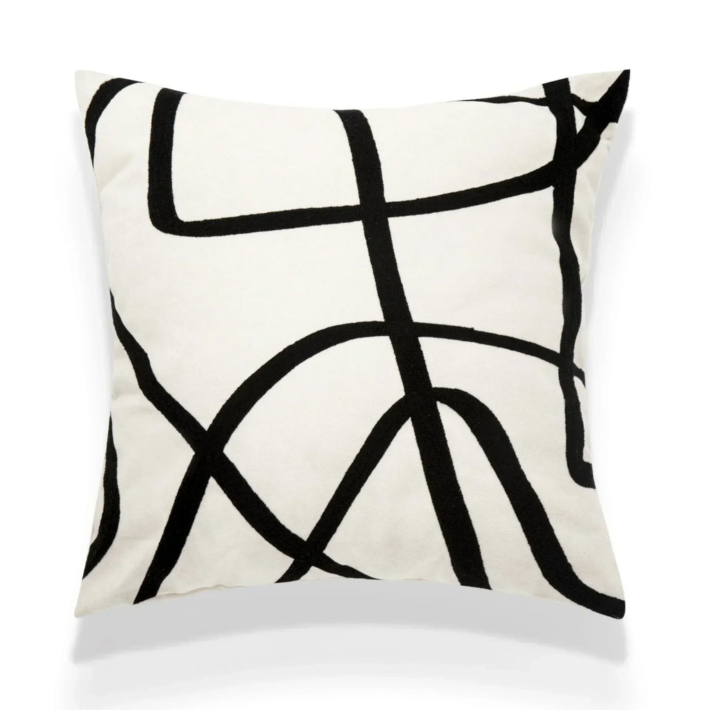 DecorBites™ Geometric Line Embroidered Pillowcase in Black White Beige Suede Canvas