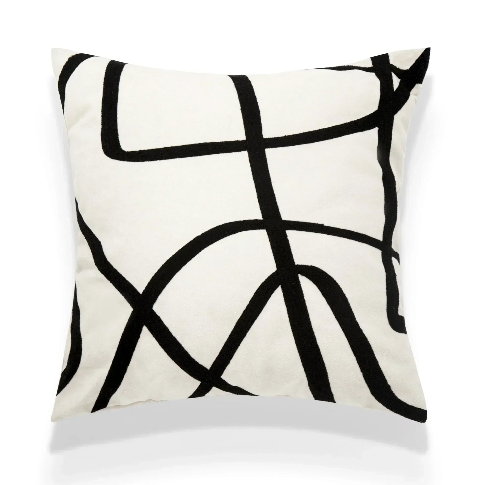 DecorBites™ Geometric Line Embroidered Pillowcase in Black White Beige Suede Canvas