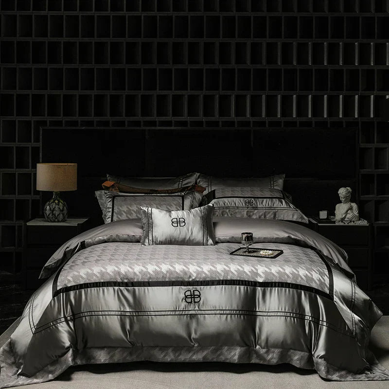 طقم مفرش سرير جاكار وبروكار فاخر من DecorBites™ مع قطن مصري وتطريز