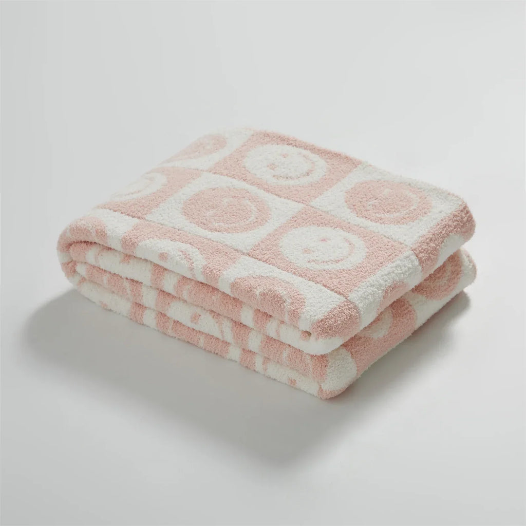 DecorBites™ Knitted Checkboard Smile Face Design Fluffy Blanket - Spring Violet Pink Gray Blanket