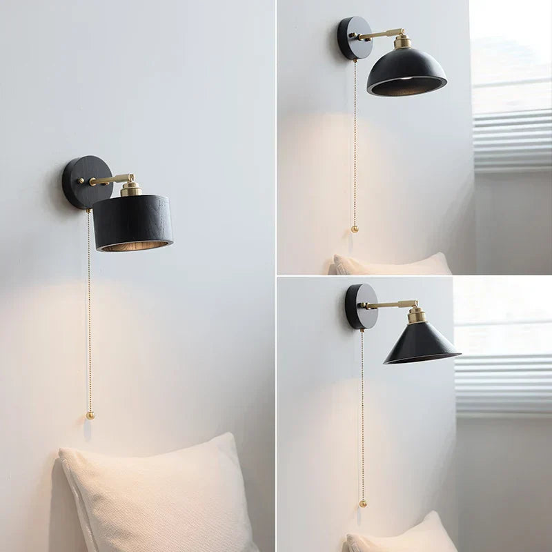 DecorBites™ Black Wood LED Wall Light with Pull Chain Switch, Rotating Japanese Style Bedside Lamp